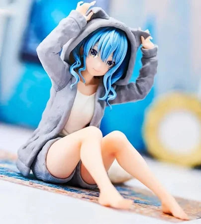 Hoshimachi Suisei Hololive IF Relax Time figure by Banpresto, featuring Suisei seated in a grey bear-ear hoodie with her blue hair down