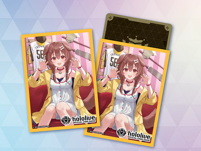 Inugami Korone hololive Official Card Game card sleeve Vol. 10, featuring Korone in her casual outfit seated in her cozy room with gaming memorabilia