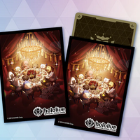Fan Meeting hololive Official Card Game card sleeve Vol. 12, featuring hololive fan mascots gathered around a grand candlelit banquet table