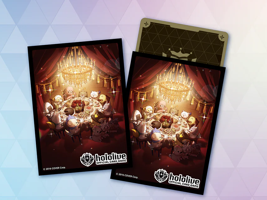 Fan Meeting hololive Official Card Game card sleeve Vol. 12, featuring hololive fan mascots gathered around a grand candlelit banquet table