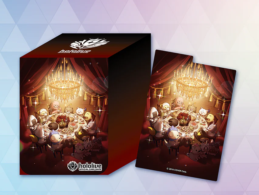Fan Meeting hololive Official Card Game deck case Vol. 7, featuring hololive fan mascots at a grand candlelit banquet on a deep crimson case