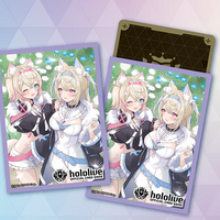 FUWAMOCO hololive Official Card Game card sleeve Vol. 11, featuring twin sisters Fuwawa and Mococo Abyssgard together in a sunny floral meadow