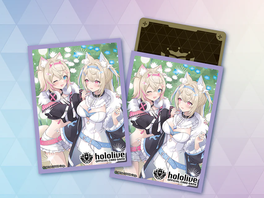 FUWAMOCO hololive Official Card Game card sleeve Vol. 11, featuring twin sisters Fuwawa and Mococo Abyssgard together in a sunny floral meadow