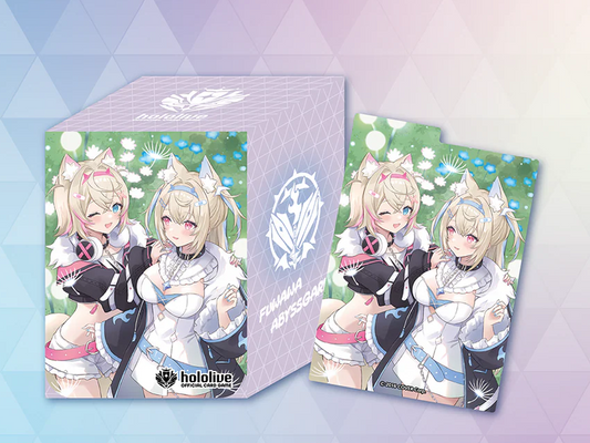 FUWAMOCO hololive Official Card Game deck case Vol. 6, featuring Fuwawa and Mococo Abyssgard on a lavender case with the FUWAMOCO unit logo