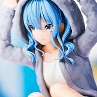 Hoshimachi Suisei Hololive IF Relax Time figure by Banpresto, featuring Suisei seated in a grey bear-ear hoodie with her blue hair down