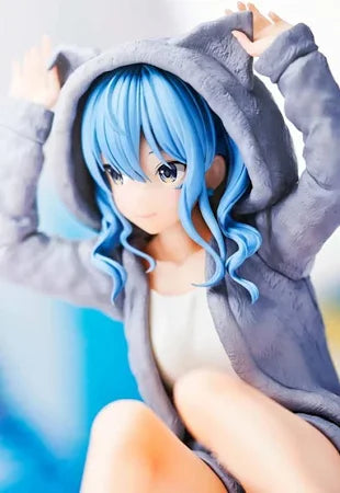 Hoshimachi Suisei Hololive IF Relax Time figure by Banpresto, featuring Suisei seated in a grey bear-ear hoodie with her blue hair down