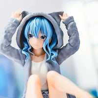 Hoshimachi Suisei Hololive IF Relax Time figure by Banpresto, featuring Suisei seated in a grey bear-ear hoodie with her blue hair down