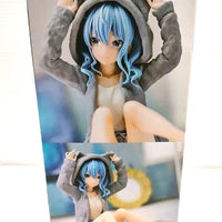 Hoshimachi Suisei Hololive IF Relax Time figure by Banpresto, featuring Suisei seated in a grey bear-ear hoodie with her blue hair down