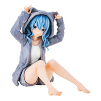 Hoshimachi Suisei Hololive IF Relax Time figure by Banpresto, featuring Suisei seated in a grey bear-ear hoodie with her blue hair down