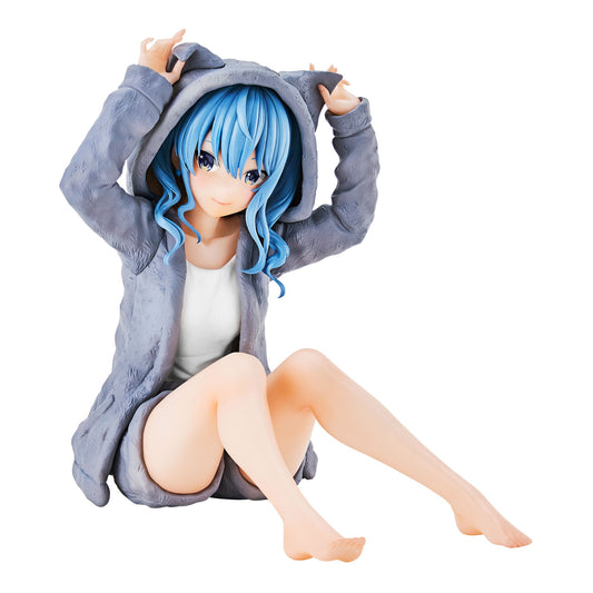Hoshimachi Suisei Hololive IF Relax Time figure by Banpresto, featuring Suisei seated in a grey bear-ear hoodie with her blue hair down
