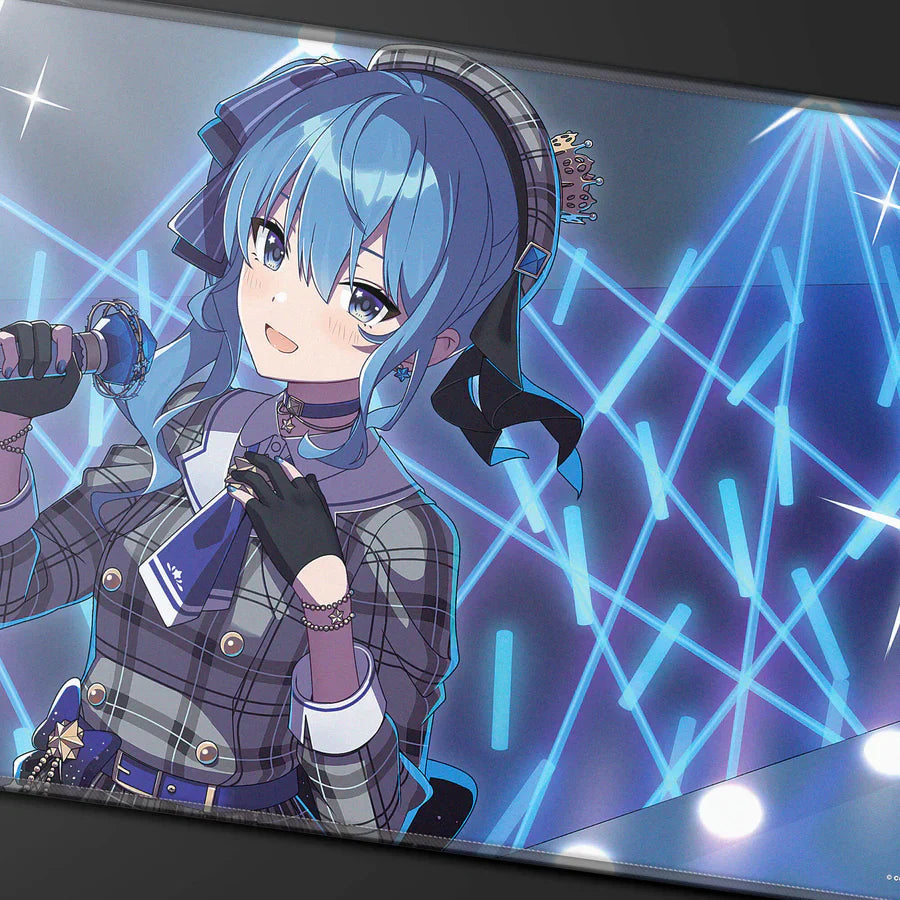 Hoshimachi Suisei hololive Official Card Game stitched playmat, featuring Suisei in her sixth costume holding a microphone against a blue concert light background