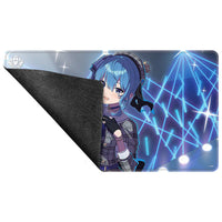 Hoshimachi Suisei hololive Official Card Game stitched playmat, featuring Suisei in her sixth costume holding a microphone against a blue concert light background