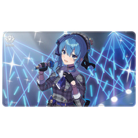 Hoshimachi Suisei hololive Official Card Game stitched playmat, featuring Suisei in her sixth costume holding a microphone against a blue concert light background