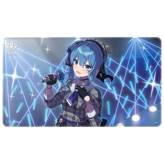 Hoshimachi Suisei hololive Official Card Game stitched playmat, featuring Suisei in her sixth costume holding a microphone against a blue concert light background