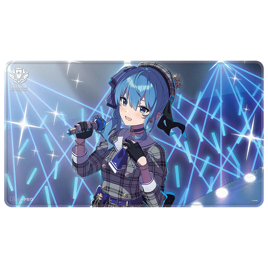 Hoshimachi Suisei hololive Official Card Game stitched playmat, featuring Suisei in her sixth costume holding a microphone against a blue concert light background