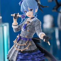 Anime character figurine with blue hair and a gray and purple outfit against a blue background