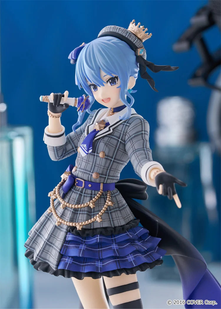 Anime character figurine with blue hair and a gray and purple outfit against a blue background