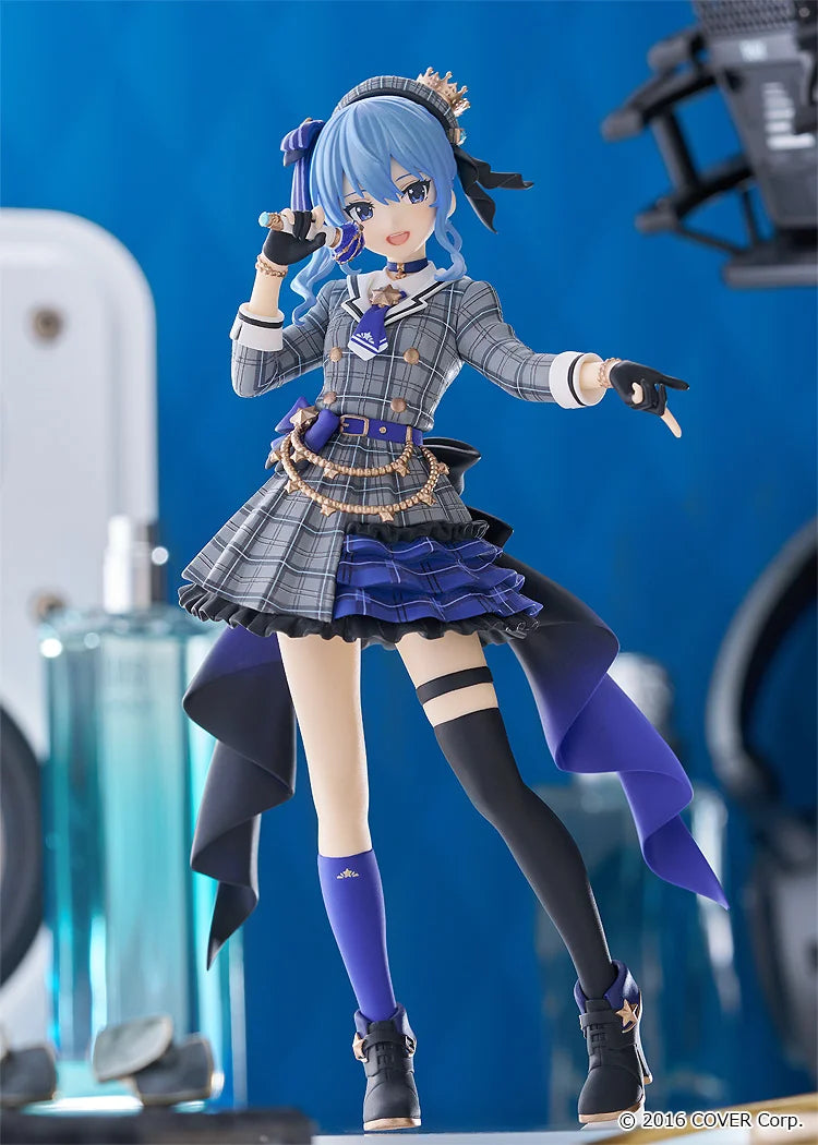 Hoshimachi Suisei POP UP PARADE SP figure by Good Smile Company, featuring Suisei in her plaid idol outfit mid-performance holding a microphone