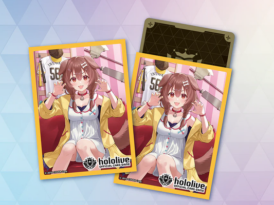Inugami Korone hololive Official Card Game card sleeve Vol. 10, featuring Korone in her casual outfit seated in her cozy room with gaming memorabilia