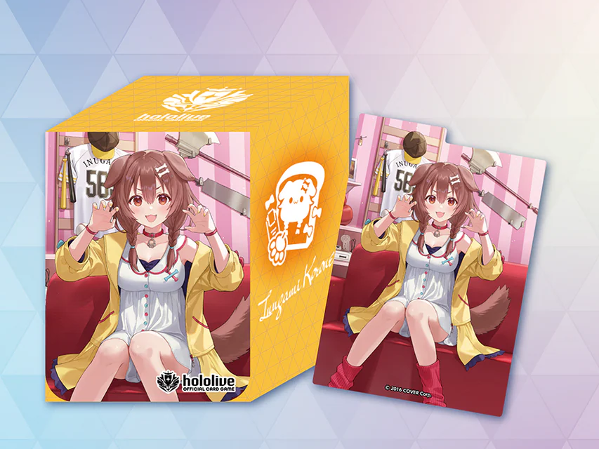 Inugami Korone hololive Official Card Game deck case Vol. 5, featuring Korone with Hosoinu mascot on a bright yellow case
