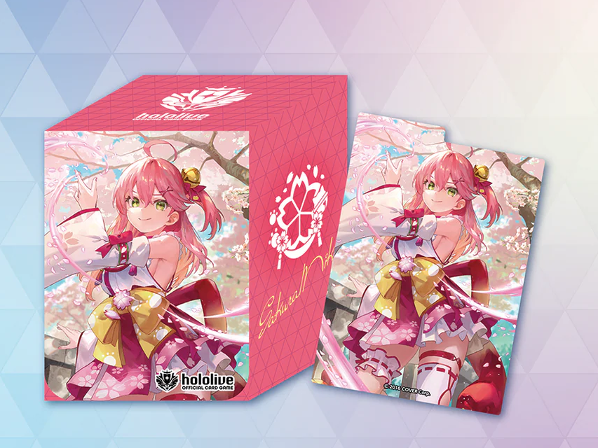 Sakura Miko hololive Official Card Game deck case Vol. 4, featuring Miko in her shrine maiden outfit with cherry blossom artwork on a pink case