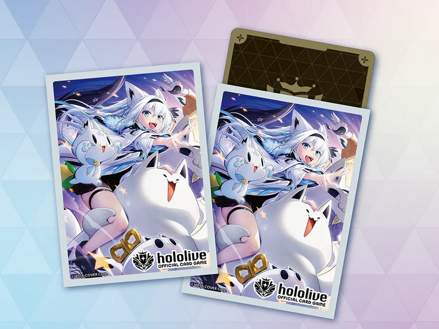 Shirakami Fubuki hololive Official Card Game card sleeve Vol. 4, featuring Fubuki and her Sukon-bu fox mascots against a starry night sky